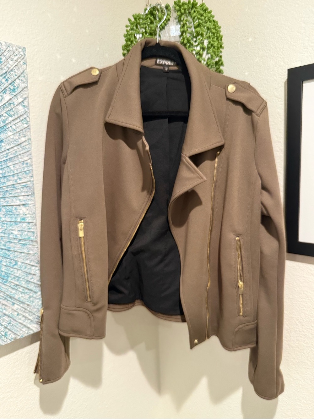 Express Women's Olive Green Moto Jacket with Gold Hardware